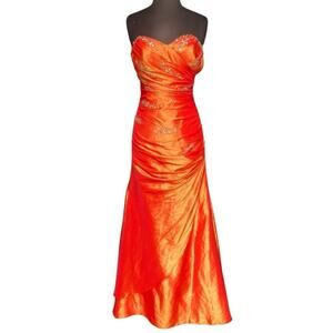 Y2K Orange Iridescent Beaded Fairy Glam Strapless Maxi Dress S Neon Prom Femme